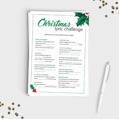 This Christmas Lyric Challenge game from Etsy shop Favors & Stuff ($5) includes four PDFs available for instant download. The first person to fill in the blanks of the well-known holiday favorites like “Frosty the Snowman” and “Jingle Bell Rock” wins.