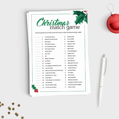 The first person to match the actors to their correct holiday movie such as It’s a Wonderful Life and Love Actually wins the downloadable Christmas Movie Match Up game from Etsy shop Favors & Stuff ($5).