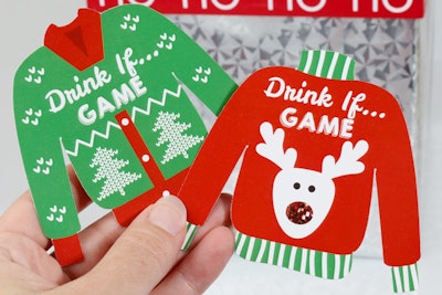The Drink If… game, Ugly Sweater version ($9.99) from Big Dot of Happiness offers players festive dares, such as “drink if you hate fruit cake” or “drink if you're wearing a Christmas sweater.” To play, designate someone in charge of picking cards and deciding who drinks what and when. Cocktails not included.