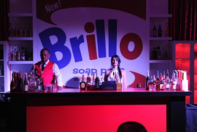 Another Warhol-inspired installation was a giant retro Brillo box that also served as a bar backdrop.