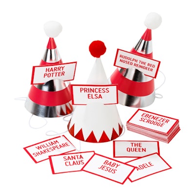 Each pack of the Christmas Name Game from Talking Tables ($13.99 per pack) contains six party hats and 40 double-sided name cards (including 10 blank cards to personalize). Players try to guess the word on the card that’s sticking out of their party hats based on clues from their team before time runs out.