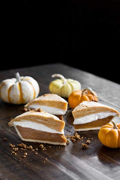 The Tuck Room in New York is offering a twist on a traditional pumpkin pie. The Triple Silken Pumpkin Pie has three different layers: A gingerbread crust is topped with a pumpkin custard layer, followed by a cream layer, followed by a caramel pumpkin chiboust layer. The result is a decadent dessert with accents of gingerbread, caramel, cream, custard, and, of course, pumpkin. The layers can be used separately for Thanksgiving desserts or stacked to create one large pie.