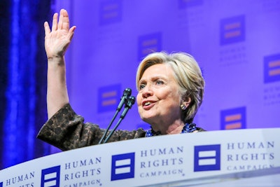 Hillary Rodham Clinton addressed guests at the dinner after being introduced by Billie Jean King.