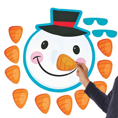 A wintery spin on a classic party game, Oriental Trading Company’s Pin the Nose on the Snowman Game ($3.99) includes a 16 1/2-inch-by-20 1/4-inch snowman face, ten “carrot” noses, and a blindfold.