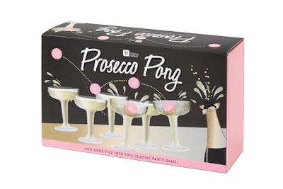 Prosecco Pong ($30) from Talking Tables is an upgraded version of the classic beer pong game. The kit includes plastic champagne glasses and a bright pink ping-pong ball—you just add the bubbly.
