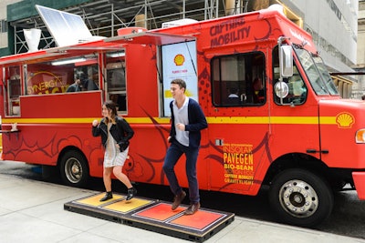 Sponsor Shell set up it Shell Synergy Food Truck outside of Convene. The activation invited attendees to 'jump for their lunch,' which was an interactive way for the brand to showcase its energy innovations and #Makethefuture initiative. A digital screen on the truck showed how much energy people generated when they jumped. The activation was produced by J. Walter Thompson London.