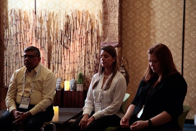 IMEX America has hosted a dedicated meditation room for the last few years. During breaks in the busy three-day conference, guests can step inside for regular sessions on yoga, mindfulness, and meditation run by mindfulness trainer Lee Papa.