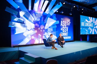 At the ASU GSV Summit, held in Salt Lake City in May, the main stage had an interesting three-dimensional design. Pieces of vinyl-wrapped foam hung from the ceiling and were mounted to the flat vinyl backdrop to give it the effect. AgencyEA designed and produced the event.