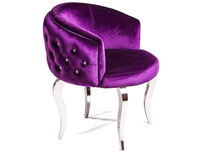 The Marion Chair from High Style Rentals in purple velvet fabric boasts a diamond-tufted design with crystal buttons and chrome legs. It’s available for rent in the Northeast region; pricing is available upon request.