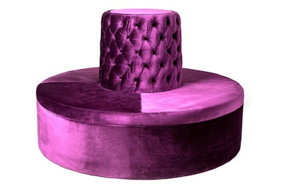 High Style Rentals’ Lexington Borne in purple velvet features a deep diamond tufted back and measures 68 inches in diameter by 45 inches high. The circular sofa is available for rent in the Northeast region; pricing is available upon request.