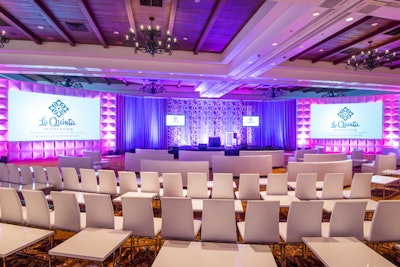 Quest Events’ 3-D sculpted plastic FormSet panels create one-of-a-kind stage sets, screen surrounds, and decor elements. In addition, the company's new geometric Geo Walls and Towers (pictured in the center) can be lit from below to match an event’s color scheme such as purple. All items are available for rent nationwide; pricing is available upon request.
