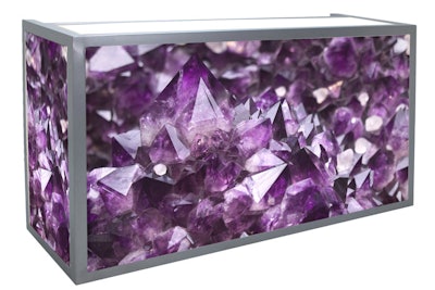 FormDecor’s Industrial Steel Backlit Bar with an Amethyst gem design features a large steel frame that’s supported by rolling casters. It also includes built-in shelving and fluorescent fixtures. Pricing starts at $296.08 for a one- to three-day rental and $328.96 for a weekly rental; it’s available for rent in Southern California.