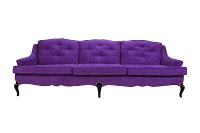 Upholstered in purple chenille fabric, the Sunset Sofa from FormDecor features tufted cushions, nickel nail head accents, and black legs. Pricing starts at $346.50 for a one- to three-day rental and $385.00 for a weekly rental; it's available for rent in Southern California.