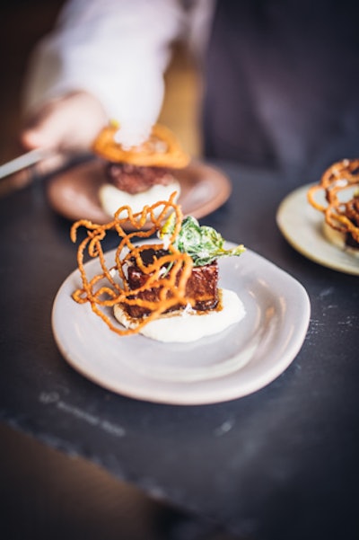 Moroccan-spiced wagyu short rib with semolina puree and parmesan funnel cake, by Wolfgang Puck Catering in Atlanta, Boston, Chicago, Dallas, Los Angeles, Seattle, and Washington