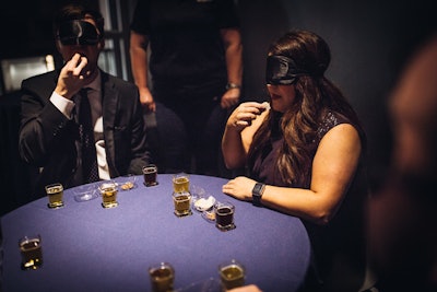 In a blind tasting sponsored by Texas-based Revolver Brewery, guests with given face masks embroidered with the word “Intrigue.” They then tasted everything from puffed Korean spiced shrimp chicharrones to espresso-dusted crickets, trying to guess what they were eating.