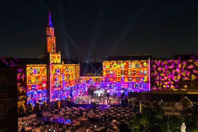 For the opening of the USC Village complex in Los Angeles in October, Bart Kresa Studio mapped two buildings on the main piazza, as well as the 150-foot-tall clock tower. The five-minute projection-mapping feature was set to a song by Leonard Bernstein that was performed by the university’s full orchestra and choir.