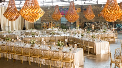 Custom decor design at Evergreen Brickworks with rigged chandeliers