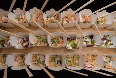 As part of the Chinatown food station, guests will dine on Chinese chopped vegetable salad with savoy cabbage, snow peas, radicchio, wonton crisps, toasted peanuts, and a Chinese ginger-mustard vinaigrette.