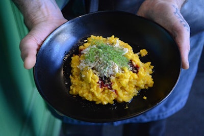 Carrot risotto with carrot greens, cassis, fennel, sage, and pepitas, by Drake Catering in Toronto