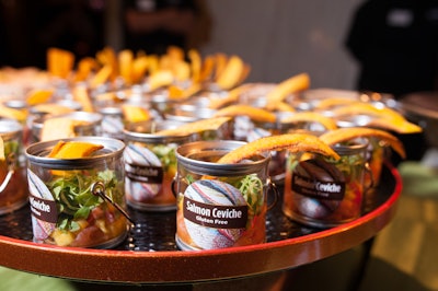 Salmon ceviche on a plantain chip in a paint can illustrates MSI's culinary creativity.