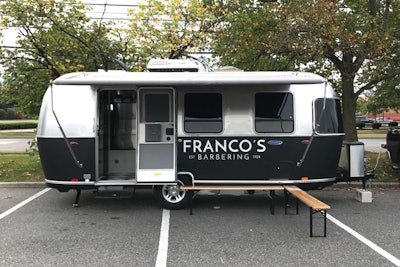 Franco’s Barbering in Moorestown, New Jersey, launched a mobile service that offers men’s grooming services from a custom-designed Airstream trailer. Franco’s On Location offers haircuts, beard shaping and detailing, shaves, facials, and waxing in a setting reminiscent of a 1920s-era barbershop. The trailer typically parks at designated locations in the Greater Philadelphia area, but planners can reserve it for private events.