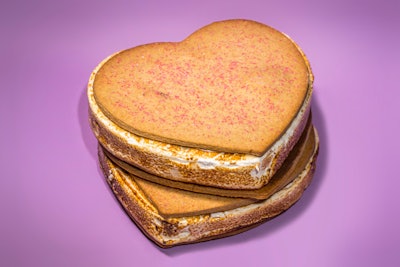 Sherry B. Dessert Studio is also offering a giant, heart-shaped s’more for $49 to $59. Vanilla marshmallows are toasted and sandwiched between two 9- by 9-inch heart-shaped graham crackers. There is also the option to coat the s’more in melted chocolate.