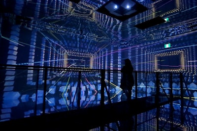 Vancouver-based Go2 Productions used projection mapping to create a 360-degree, immersive audiovisual experience at Metropolis at Metrotown, British Columbia’s largest mall, in 2016. Projected content, colorful 3-D illusions, and a mirrored floor and ceiling created a striking, infinity room-like experience for attendees. Click here to watch a video