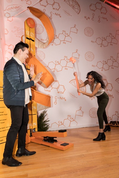 Another area of the event featured a strength test. Since the new serum’s vitamin C levels increased from 10.5 percent to 12.5 percent, organizers wanted to highlight that feature in a fun, interactive way. The Bosco created animated GIFs as guests tried to hit the machine hard enough to match the serum's strength.