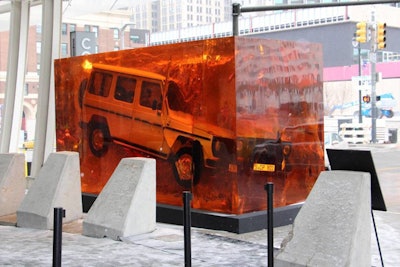 Encased in the resin structure is a 280GE G-Class model from the first production year, 1979, a Jurassic Park- like reference to the natural phenomenon of insects preserved in amber.