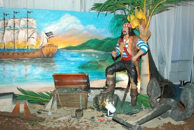From left to right: Ship backdrop, $1,500; treasure chest, $550; pirate statue, $750; palm tree, $275; and anchor, $750, available throughout the New York area from MMEink