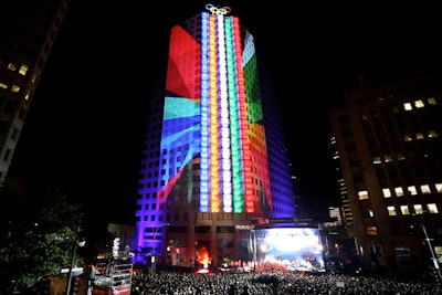For the Canada Olympic Excellence Day celebration in Montreal in 2015, Go2 Productions created an 18-minute projection-mapping experience leading up to the unveiling of the Olympic rings on the roof of the Canada Olympic Committee’s 23-story headquarters. Click here to watch a video