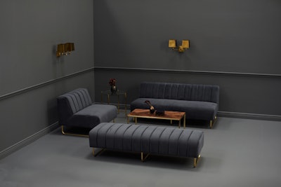 Taylor Creative’s Savile Collection includes sleek pieces upholstered in a luxe grey velvet with channel-stitch backs and bronze legs. Available for rent from the New York location, the collection includes a sofa ($425), chair ($225), and bench ($200); costs cover up to a five-day rental period.
