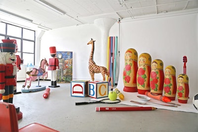 From left to right: Oversize alphabet blocks, $85 per week; giraffe, $350 per week; and Russian dolls, $175 to $475 per week, available in the New York area from Eclectic Props