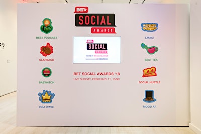 The event took place ahead of the inaugural BET Social Awards, which were promoted on a wall that featured icons for the show's eight categories.