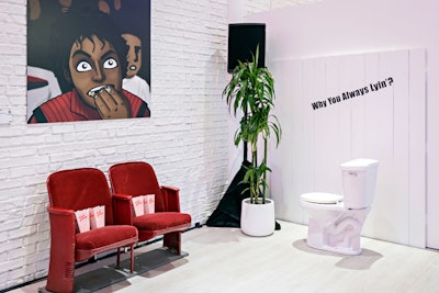 Installations included an original illustration of Michael Jackson eating popcorn along with two movie theater-style seats with popcorn boxes. The adjacent “Why You Always Lyin’?” exhibit, highlighted by a toilet, was inspired by the Vine from Nicholas Fraser.
