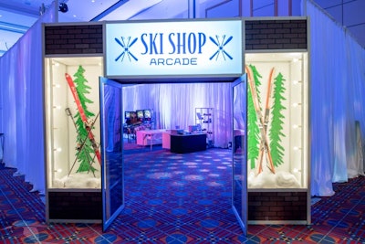Another area of the room held a ski-shop theme arcade, which had a custom-built entry. Gaming options included a “Yeti Shooter” game.