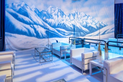 The skiing-theme space had white furniture and an image of snow-covered mountains on the wall.