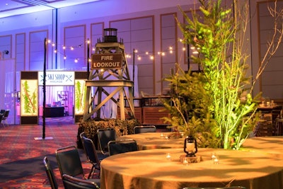 Fire lookout towers were set up throughout the room, further tying in to the Pacific Northwest vibe.