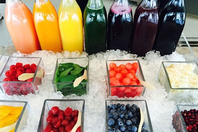 Los Angeles-based hospitality and catering company Schaffer now offers its colorful Rainbow Mimosa Bar: A display of fresh juices such as cherry, mango, and pink grapefruit, along with nectars like blueberry in glass bottles that are presented on crushed ice in a customized lucite stand. Guests can choose from a variety of garnishes to personalize their mimosas including candied ginger, pomegranate seeds, maraschino cherries, and blueberries. Pricing is available upon request.