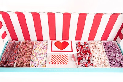 A Valentine’s Day-appropriate alternative to a dessert station is Sugarwish’s new Sweet Shoppe. The company can provide 18 pounds of sweets, plus red and white striped candy bags; the station can also be customized for events and filled with candy to match specific themes. The Sweet Shoppe costs $238, is appropriate for as many as 50 people, and can be shipped nationwide.