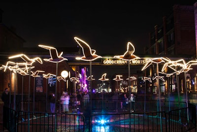 Birds Fly Around With You, by Japanese motion artist Masamichi Shimada, features 24 illuminated birds placed in a circle with an 8-meter circumference. The center circle has a sensor that creates the effect of one bird flying alongside a guest as they walk around the circle.