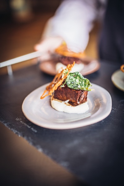 Los Angeles-based Wolfgang Puck Catering offers full-service Passover catering around the country. Menu items include shallot and thyme matzo; gefilte fish with fresh herbs and spices wrapped in cabbage leaves; and slow-braised beef short rib (pictured) with vegetable ratatouille and grilled asparagus.