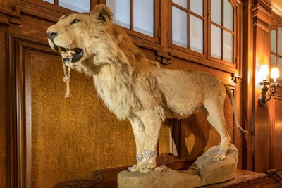 A taxidermy lion statue, which was decorated in jewelry, served as a popular photo op for guests.