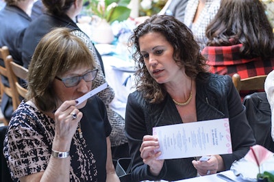 Susan Stryker of Associated Luxury Hotels International (ALHI) and Ashley James of Part 2 Events sample floral Lili Bermuda fragrances during the Virtual Visit to Bermuda luncheon at Palma in New York City.
