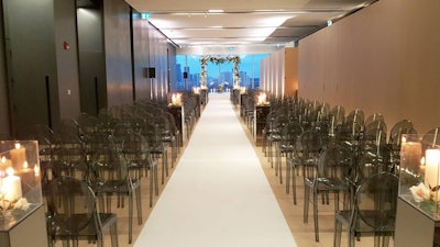 Theater and ceremony setups in the north or south ends of the lounge.