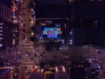 The top of the maze spells out the movie name and lights up at night.