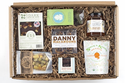 Artisanal online gift store Mouth, which ships nationwide, is offering two Passover gift boxes that play on holiday traditions. The Passover Sweets set, which costs $60 for the small version and $93 for a larger one, offers Seder-ready treats like brown-sugar matzo toffee, dark chocolate peanut butter frogs, chocolate roasted almond macaroons, and pomegranate rock candy.