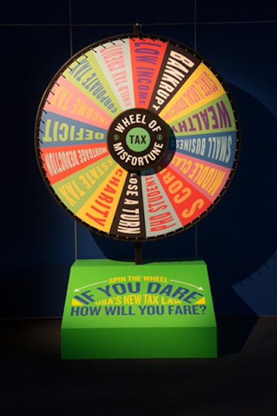 A “Wheel of Misfortune” referenced possible outcomes of the United States’ new tax law.