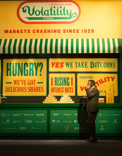 The theme was introduced through signage that evoked the Nathan's Famous Hot Dogs stand at Coney Island—but with a finance-focused twist.