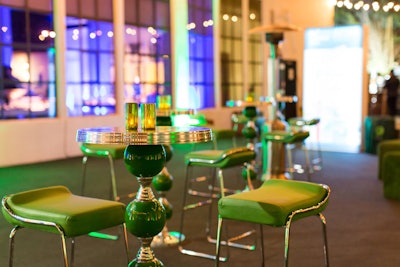 Blueprint Studios designed a green-theme after-party in 2017 for Palo Alto Networks in San Francisco. The event featured vibrant green decor that included Blueprint’s Jewel Highboy Tables, Gallagher Barstools, Grass Ottomans, and green candle holders.
